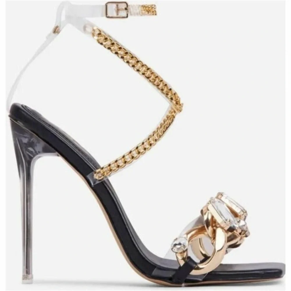 Black and gold open toe strap up high heel sandals with chunky clear jewels 💎 - Picture 4 of 7